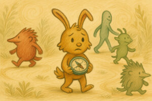A whimsical creature carrying a broken compass looking worried, surrounded by confident creatures.