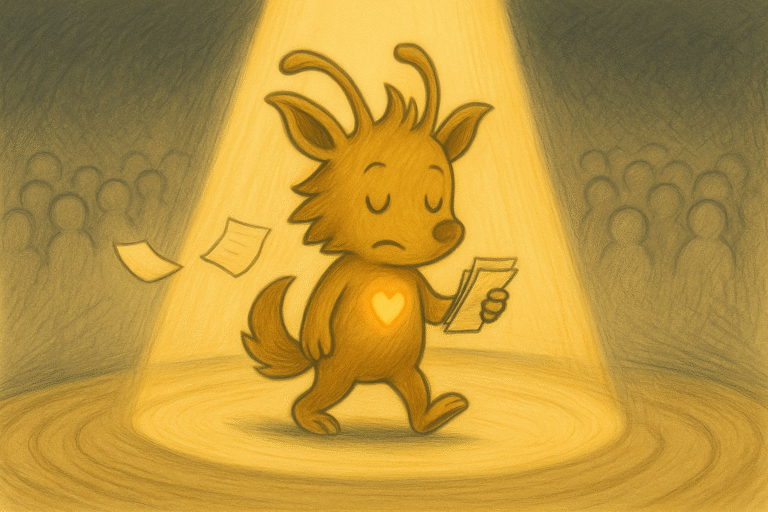 Whimsical character in a spotlight, appearing defeated, with pages being discarded.