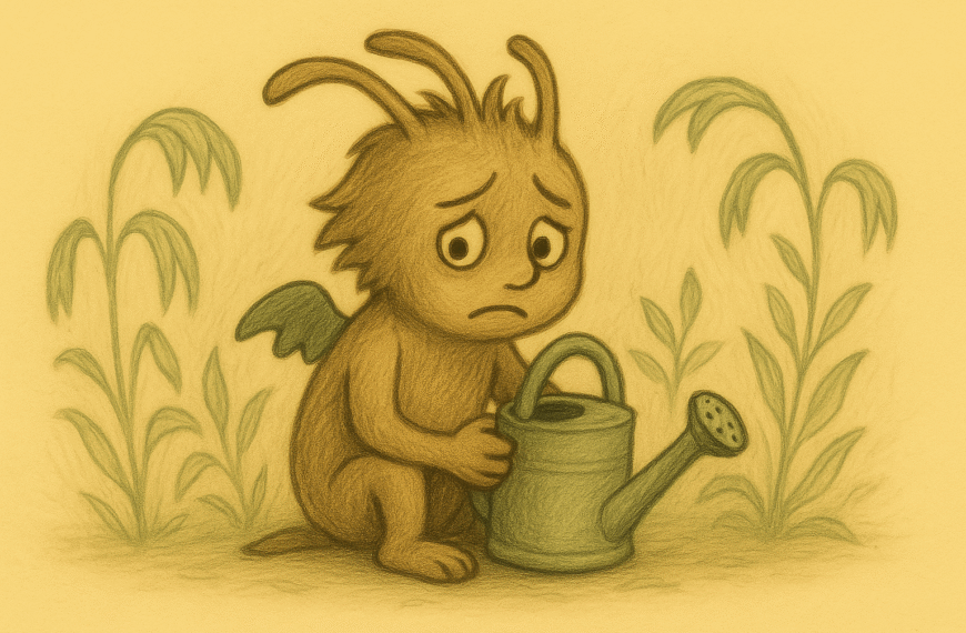 Whimsical character looking dejected with a watering can next to wilted flowers.