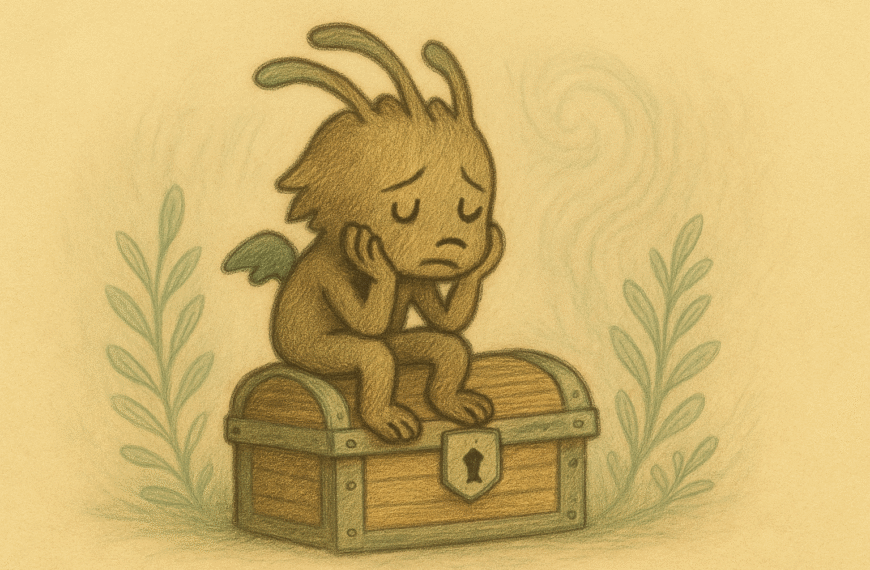 Whimsical, sad critter sitting on a treasure box