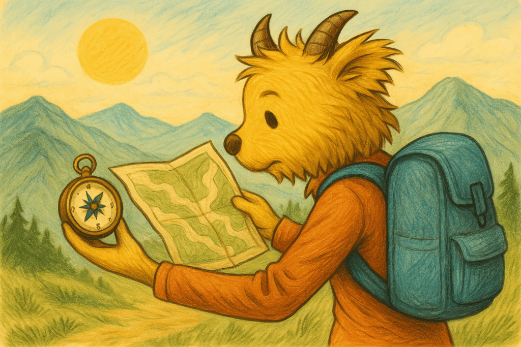 Character with map and compass looking concerned