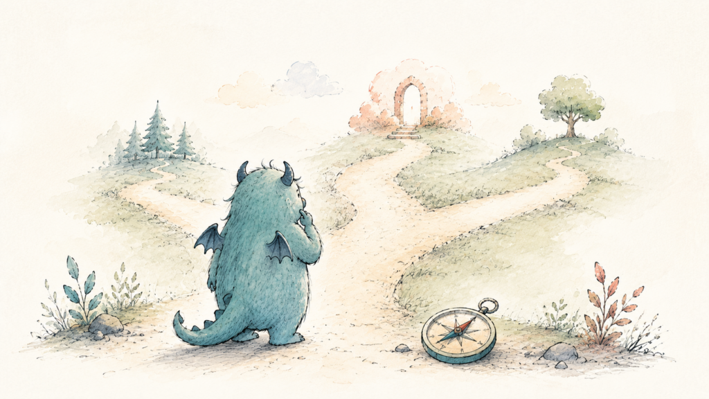 Whimsical character at a crossroads experiencing decision paralysis