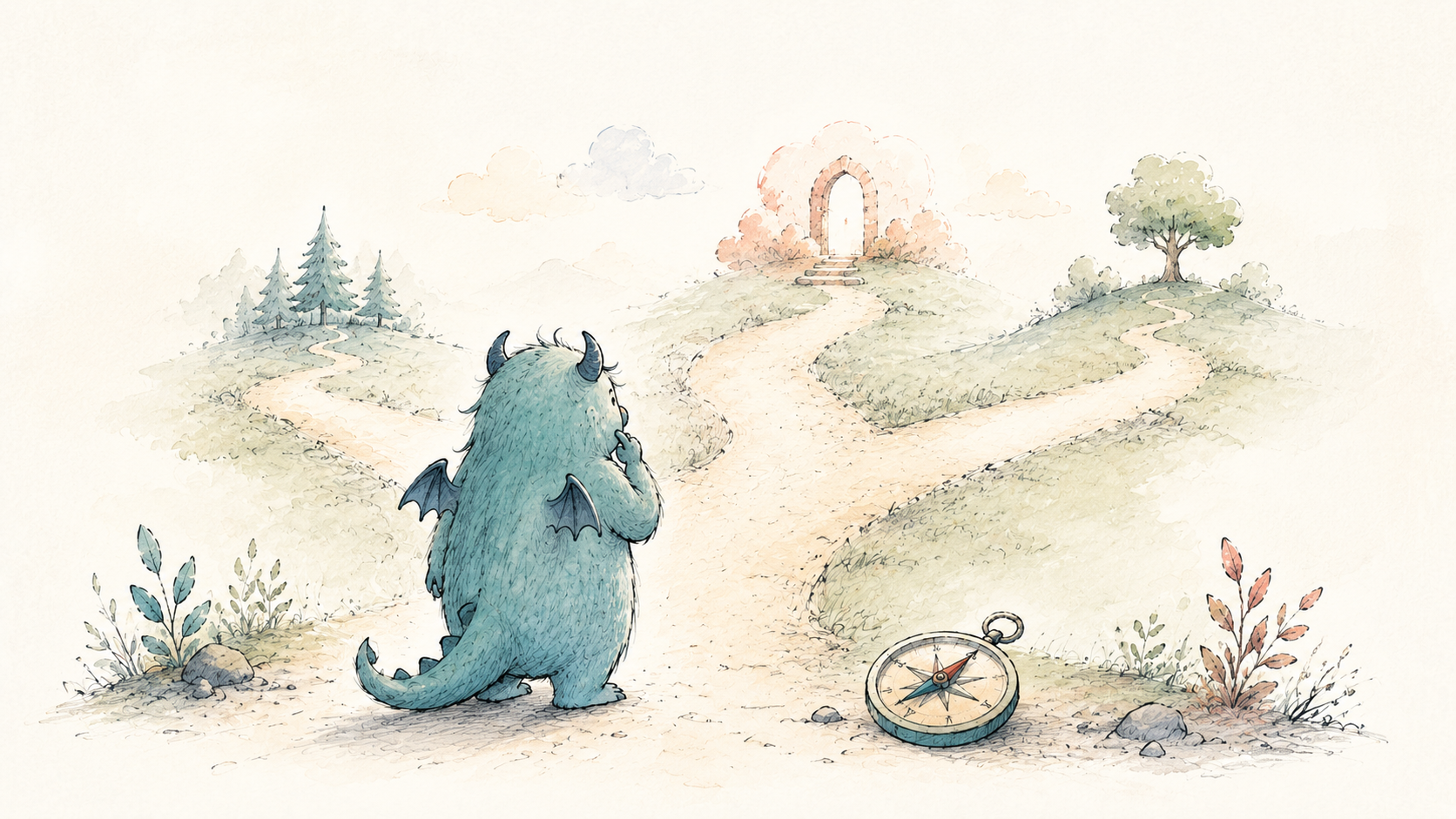 Whimsical character at a crossroads experiencing decision paralysis